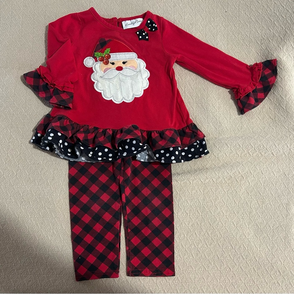 Emily Rose Red Plaid Ruffle Santa Top and pants size 18 mos